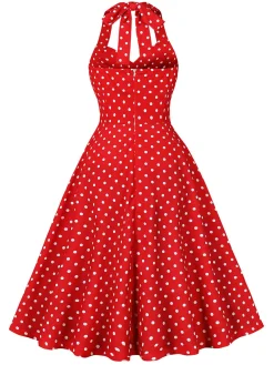 Fashion Retro Stage 1950s Halter Polka Dots Swing Dress Red