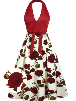 Sale Retro Stage 1950s Halter Roses Bow Dress Red