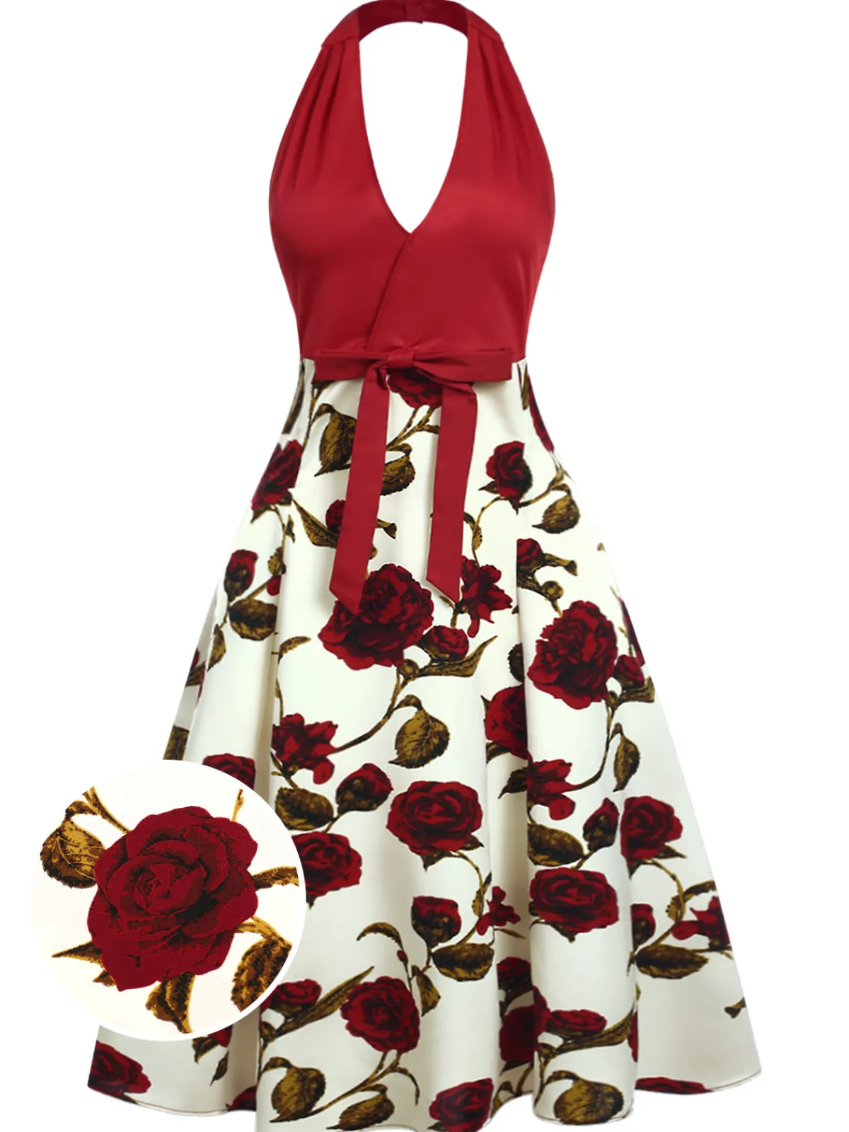 Sale Retro Stage 1950s Halter Roses Bow Dress Red