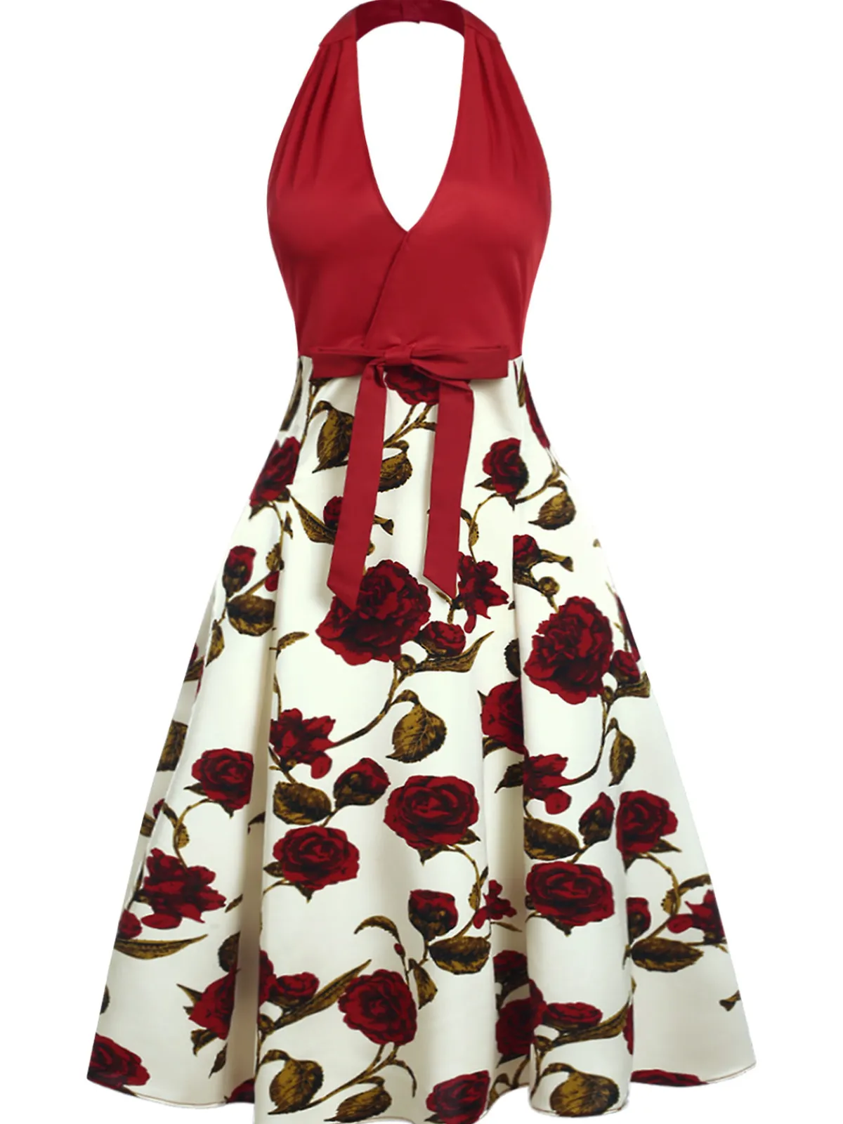 Sale Retro Stage 1950s Halter Roses Bow Dress Red