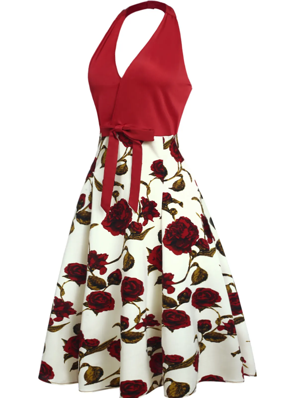 Sale Retro Stage 1950s Halter Roses Bow Dress Red