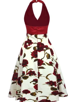 Sale Retro Stage 1950s Halter Roses Bow Dress Red