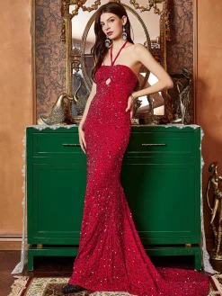 Fashion Retro Stage 1920s Halter Sequined Side Slit Maxi Dress Red