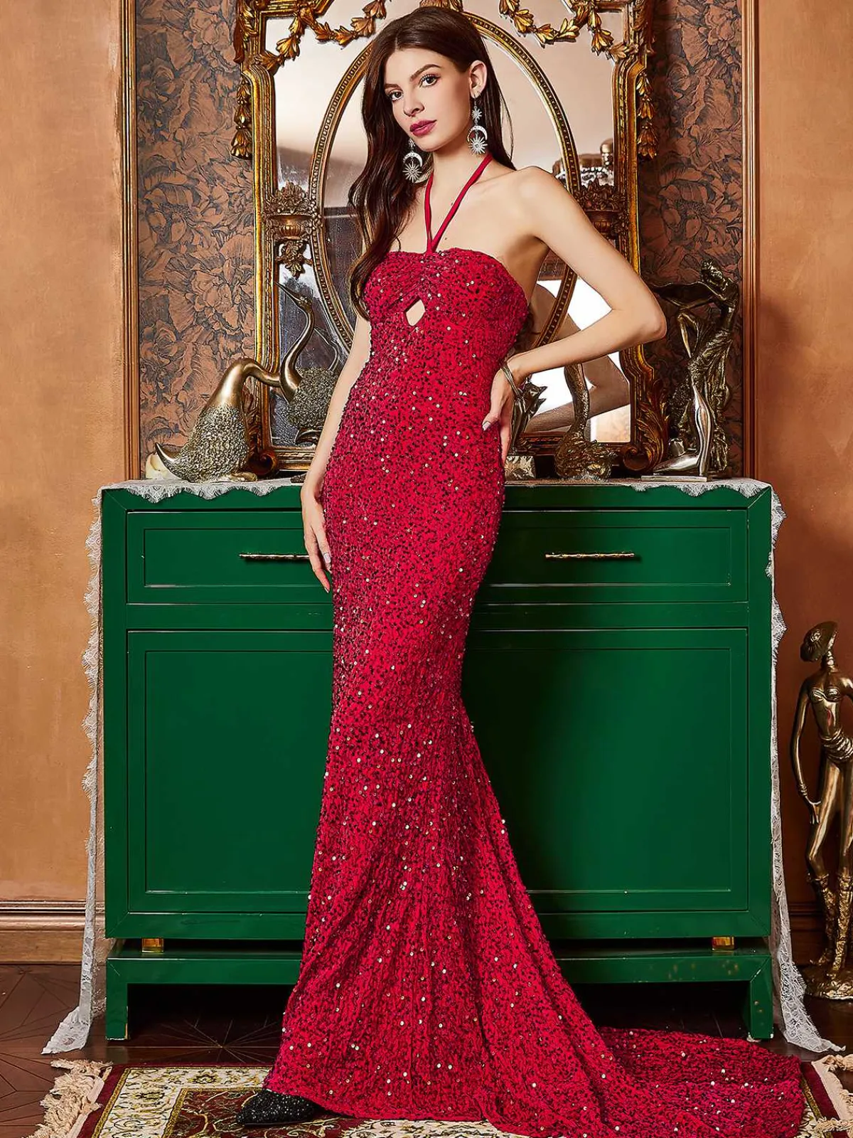 Fashion Retro Stage 1920s Halter Sequined Side Slit Maxi Dress Red