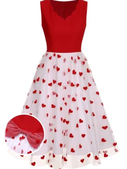 Online Retro Stage 1950s Heart Bow Sleeveless Dress Red