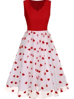 Online Retro Stage 1950s Heart Bow Sleeveless Dress Red