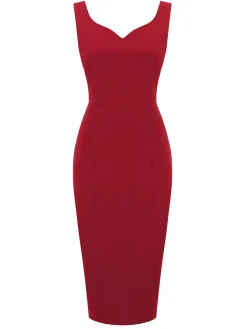Outlet Retro Stage 1960s Heart Collar Solid Pencil Dress Red