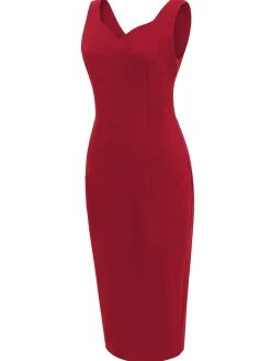 Outlet Retro Stage 1960s Heart Collar Solid Pencil Dress Red