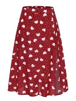 Fashion Retro Stage 1950s Heart Dots Slit A-Line Skirt Red