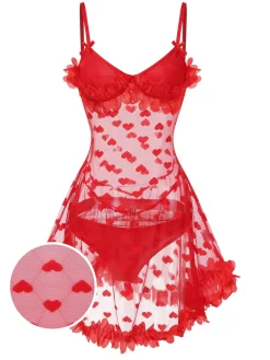 Outlet Retro Stage 1960s Heart Mesh Flower Edge Nightdress Red