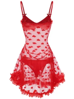 Outlet Retro Stage 1960s Heart Mesh Flower Edge Nightdress Red