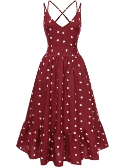 Best Retro Stage 1940s Heart Print V-Neck Sleeveless Dress Red