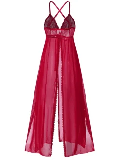 New Retro Stage Red 1930s High Slit Lace Chiffon Nightgown Deep Red