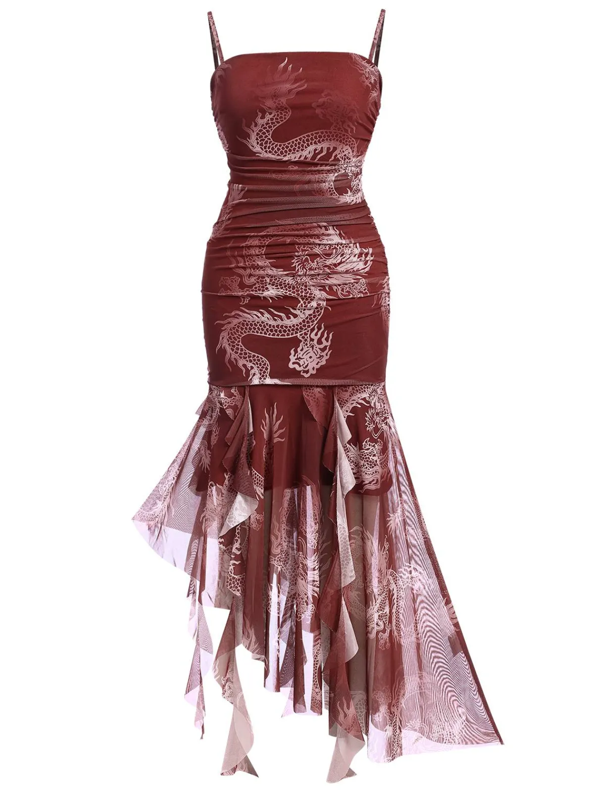 Best Retro Stage 1950s High-Low Halloween Dragon Mesh Dress Red