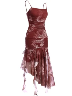 Best Retro Stage 1950s High-Low Halloween Dragon Mesh Dress Red