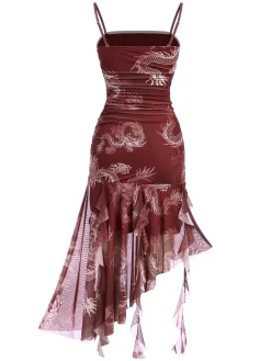 Best Retro Stage 1950s High-Low Halloween Dragon Mesh Dress Red
