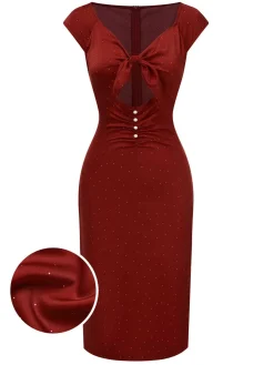Outlet Retro Stage Red 1960s Hollow Out Button Satin Dress True Red