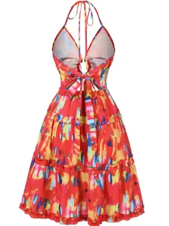 New Retro Stage 1950s Hollow Out Ruffles Halter Dress Red