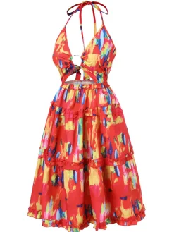 New Retro Stage 1950s Hollow Out Ruffles Halter Dress Red
