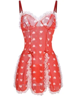 Clearance Retro Stage 1970s Lace Heart Ruffles Nightgown Red