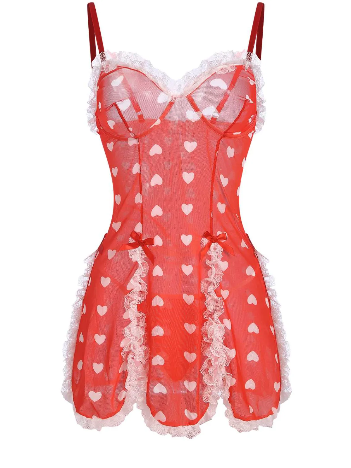 Clearance Retro Stage 1970s Lace Heart Ruffles Nightgown Red