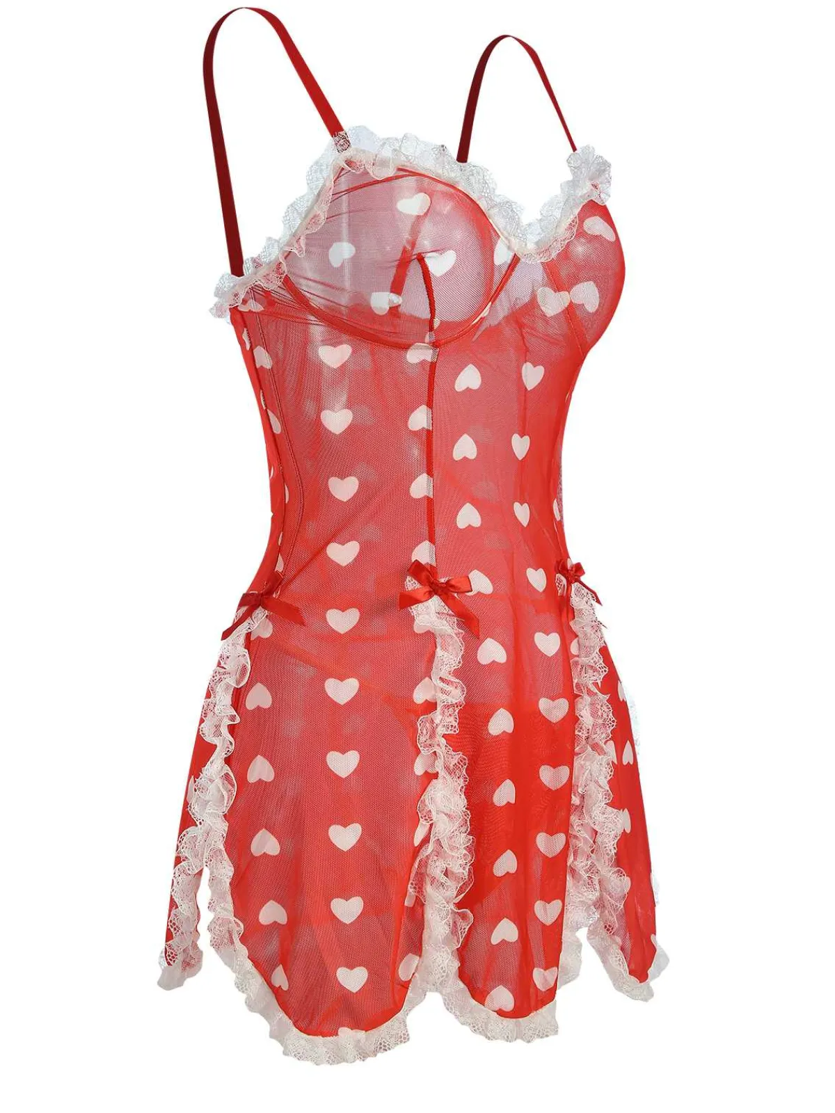 Clearance Retro Stage 1970s Lace Heart Ruffles Nightgown Red