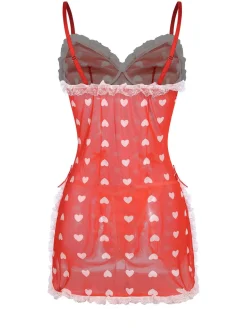 Clearance Retro Stage 1970s Lace Heart Ruffles Nightgown Red