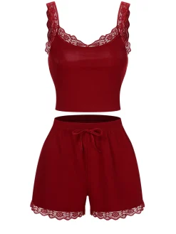 Outlet Retro Stage 1970s Lace Trimmed Straps Pajamas Red