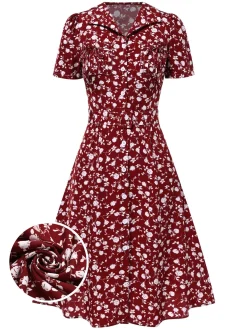 New Retro Stage Red 1940s Lapel Buttons Ditsy Floral Dress