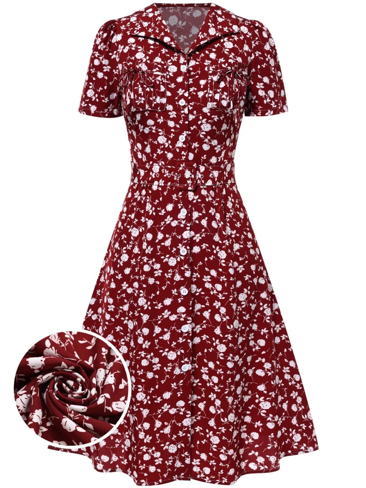 New Retro Stage Red 1940s Lapel Buttons Ditsy Floral Dress