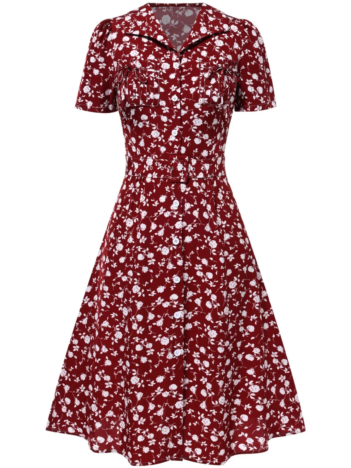 New Retro Stage Red 1940s Lapel Buttons Ditsy Floral Dress