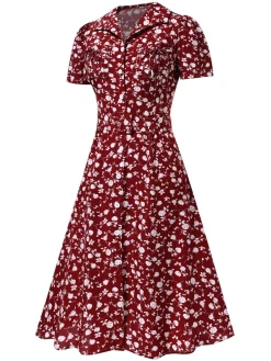 New Retro Stage Red 1940s Lapel Buttons Ditsy Floral Dress