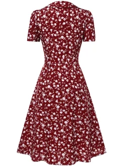 New Retro Stage Red 1940s Lapel Buttons Ditsy Floral Dress
