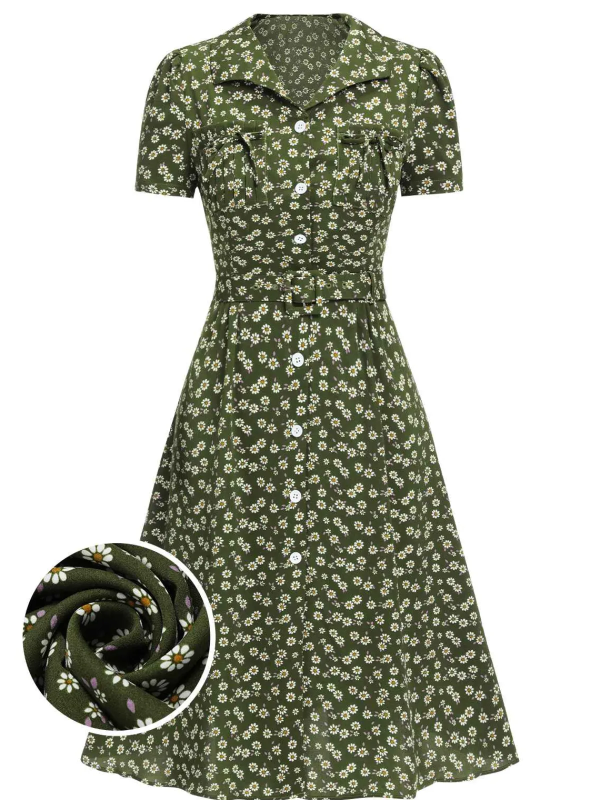 New Retro Stage Red 1940s Lapel Buttons Ditsy Floral Dress