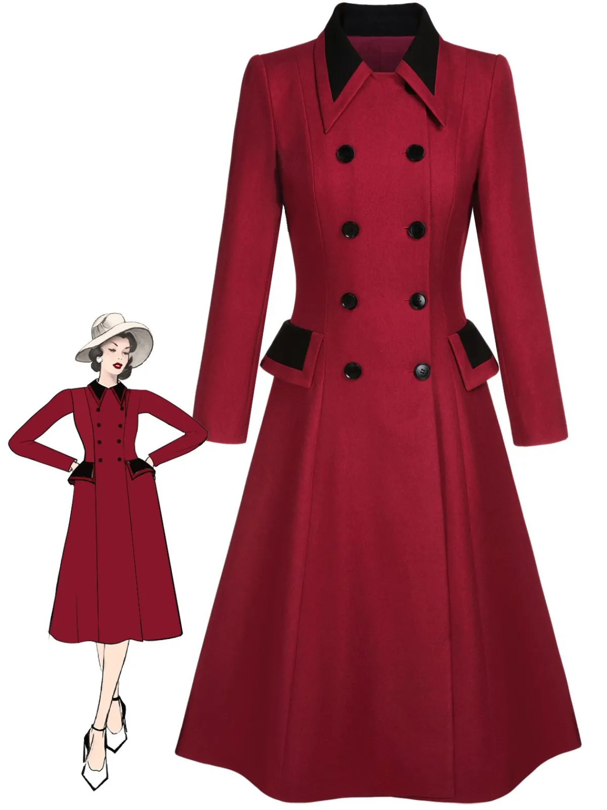 Hot Retro Stage 1950s Lapel Double Breasted Coat Red