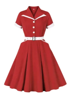 Clearance Retro Stage 1950s Lapel Patchwork Belt Dress Red