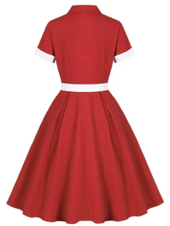 Clearance Retro Stage 1950s Lapel Patchwork Belt Dress Red