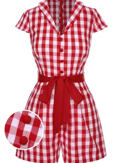 Hot Retro Stage Red 1940s Lapel Plaids Belted Romper