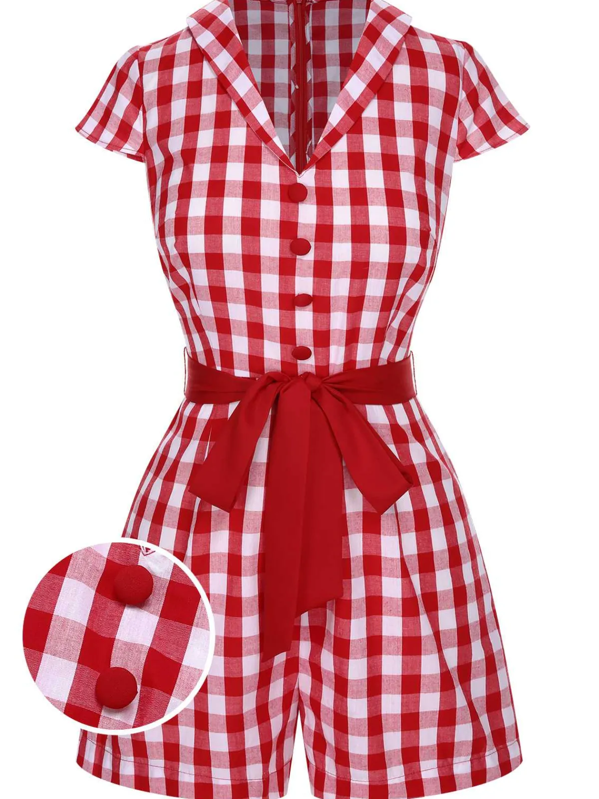 Hot Retro Stage Red 1940s Lapel Plaids Belted Romper