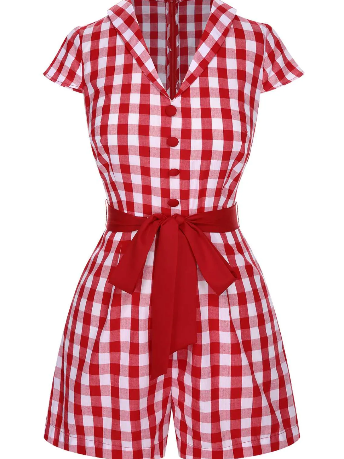 Hot Retro Stage Red 1940s Lapel Plaids Belted Romper
