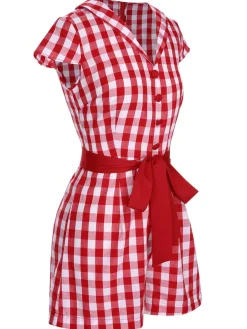 Hot Retro Stage Red 1940s Lapel Plaids Belted Romper