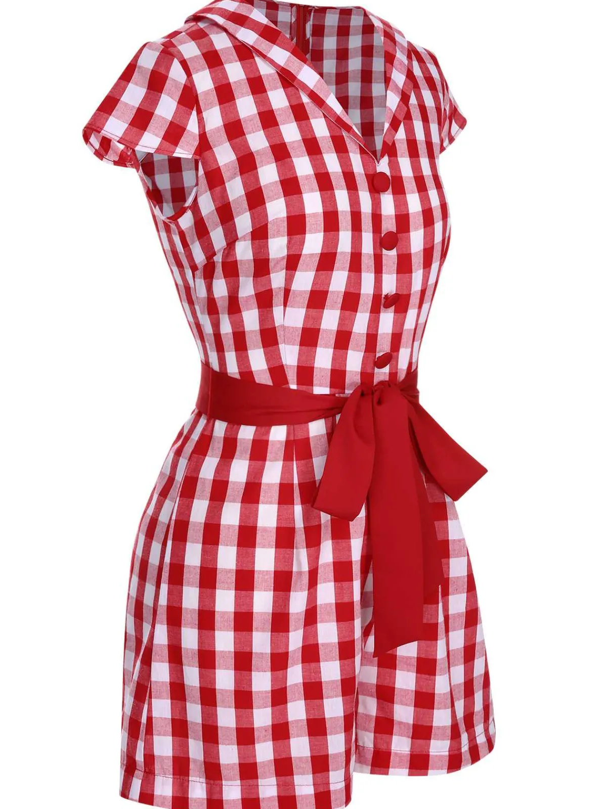 Hot Retro Stage Red 1940s Lapel Plaids Belted Romper