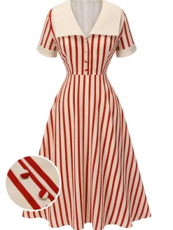 Clearance Retro Stage 1940s Lapel Vertical Stripes Dress Red
