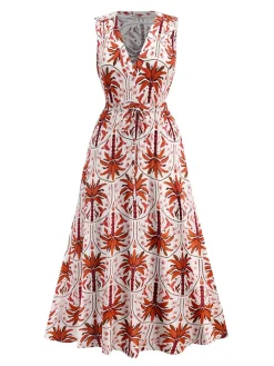 Outlet Retro Stage Red 1970s Lapel V-Neck Tropical Plants Dress Fire Brick Red