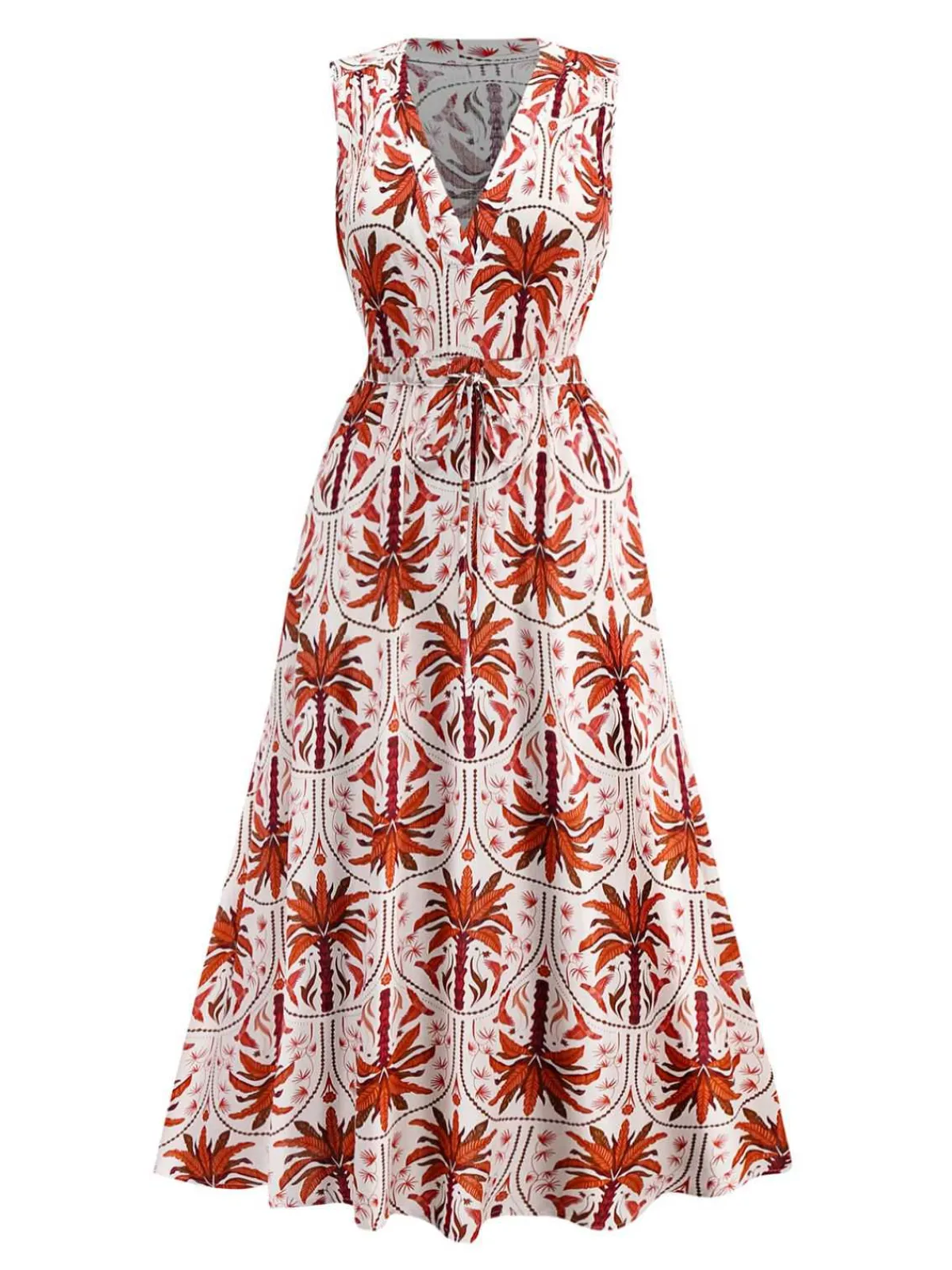 Outlet Retro Stage Red 1970s Lapel V-Neck Tropical Plants Dress Fire Brick Red