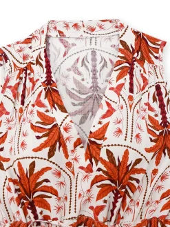 Outlet Retro Stage Red 1970s Lapel V-Neck Tropical Plants Dress Fire Brick Red