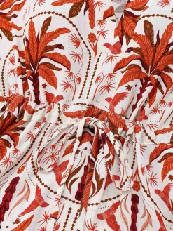 Outlet Retro Stage Red 1970s Lapel V-Neck Tropical Plants Dress Fire Brick Red