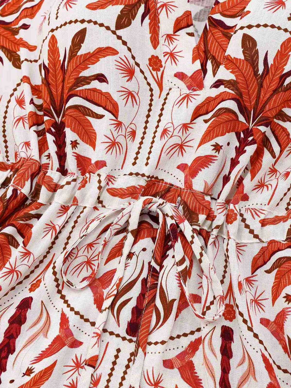 Outlet Retro Stage Red 1970s Lapel V-Neck Tropical Plants Dress Fire Brick Red