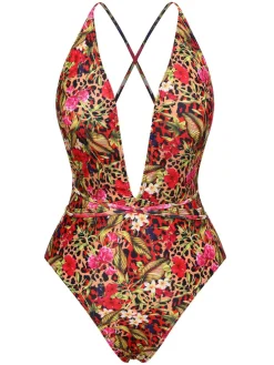 Best Retro Stage 1970s Leopard Flower One-Piece Swimsuit Red