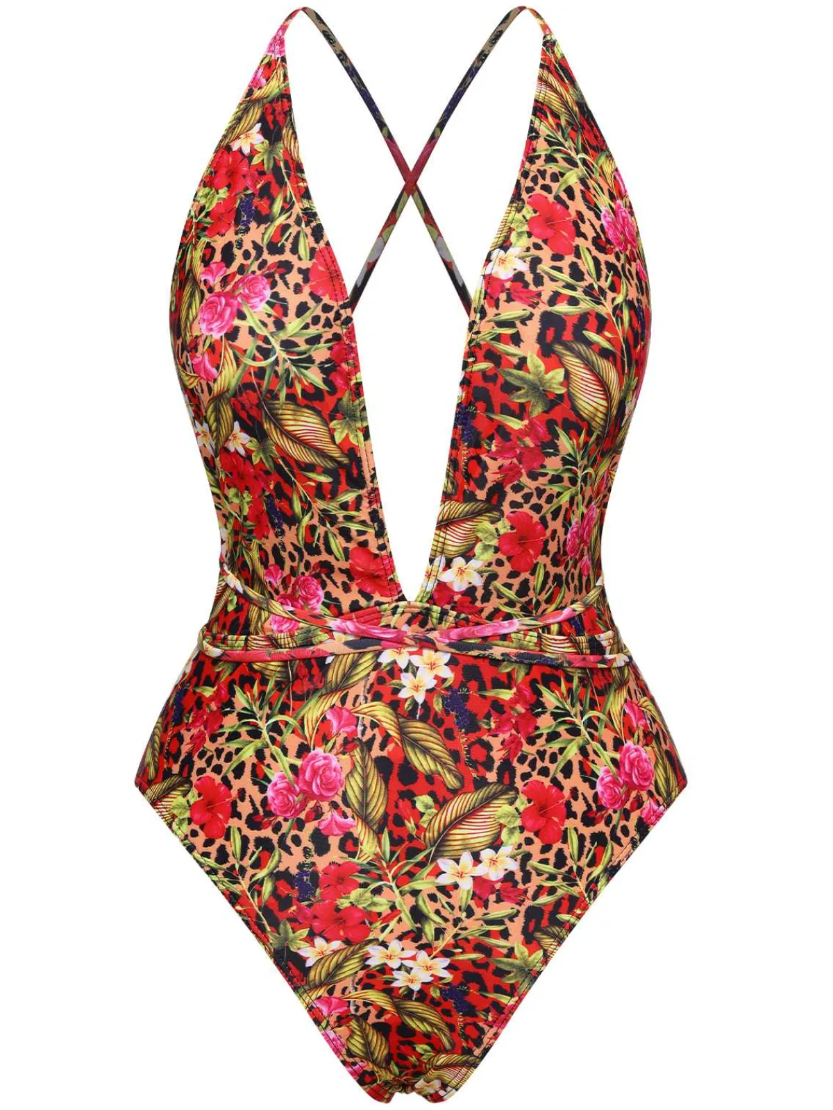 Best Retro Stage 1970s Leopard Flower One-Piece Swimsuit Red